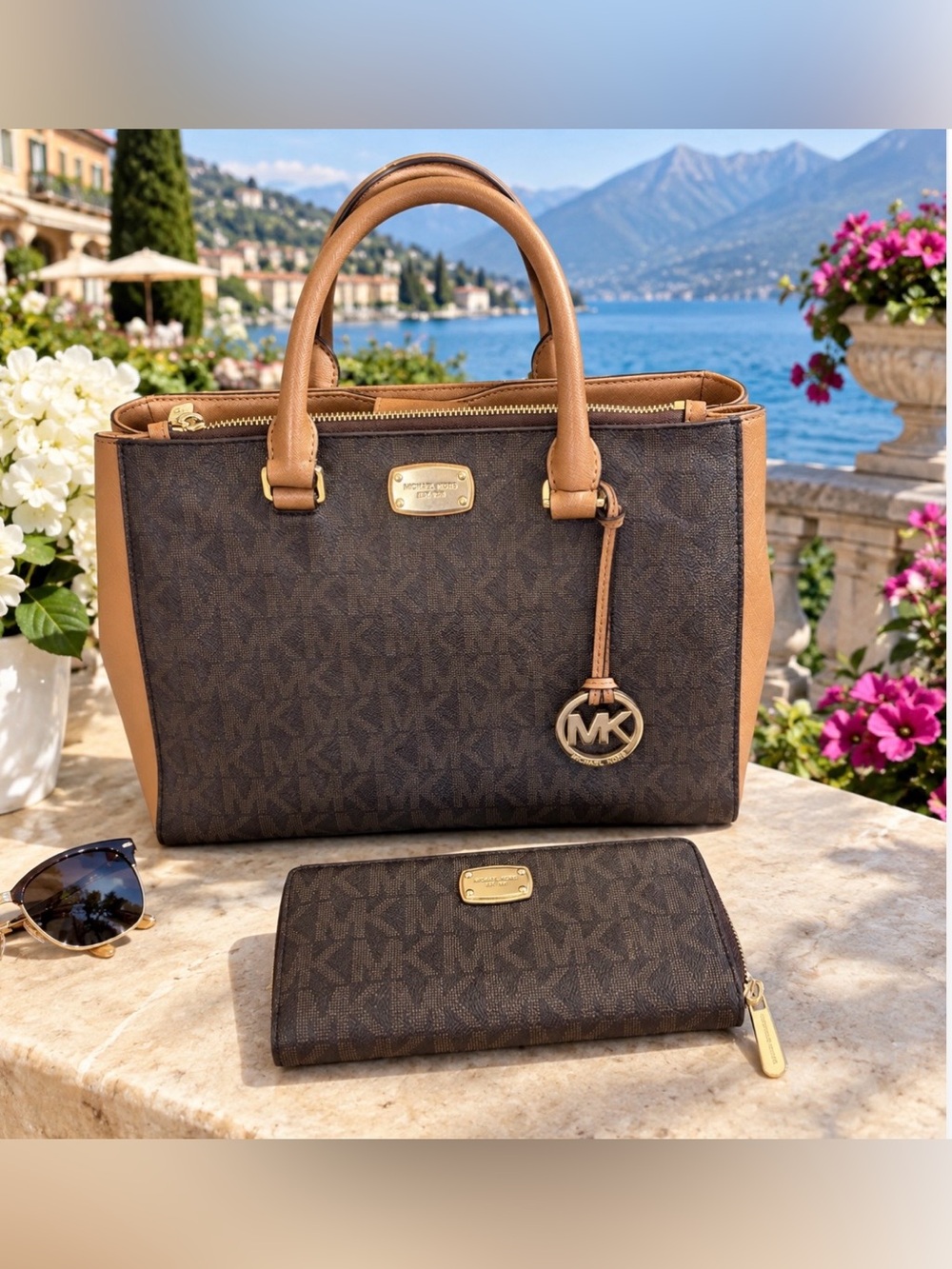 Michael Kors Brown and Tan Signature Satchel with Matching Wallet